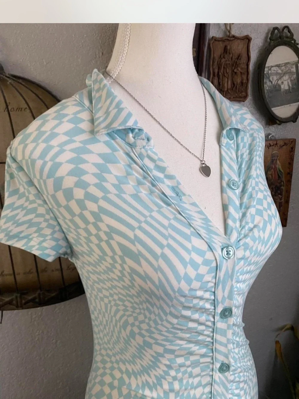 Light Blue Patterned Midi Button-Front Dress - Picture 5 of 7